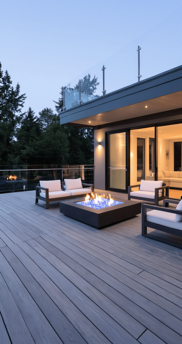 An intimate dusk scene of a 400 sq ft elevated deck featuring floor-to-ceiling glass railings, contemporary grey composite decking, minimalist charcoal and white outdoor furniture, a modern linear fire table with blue glass, and integrated LED deck lights, showcasing the seamless indoor-outdoor transition through large sliding glass doors.