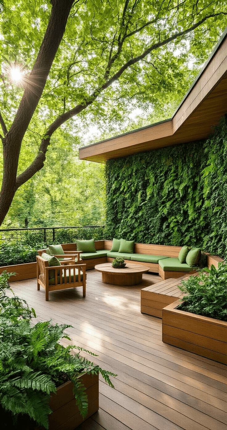 A serene garden-integrated deck at mid-morning, featuring wooden planters and a backdrop of trailing vines and ferns, with teak furniture accented by sage green cushions, enveloped by dappled sunlight filtering through mature trees.