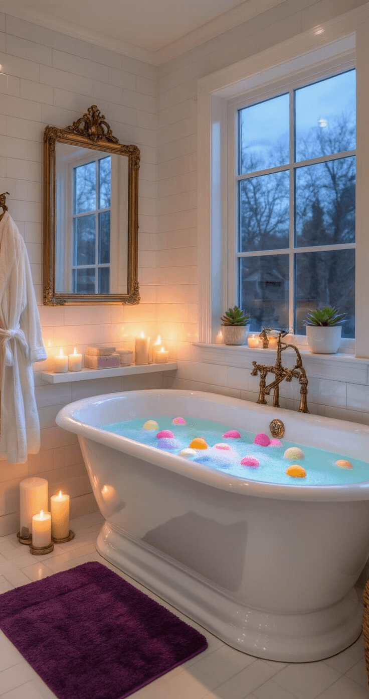A high-angle view of a spa-like bathroom at twilight featuring a large clawfoot tub filled with colorful bath bombs, flickering candles, a plush deep purple bath mat, luxury soaps and face masks on a floating shelf, and a fluffy white robe hanging from an antique brass hook, all illuminated by soft candlelight.