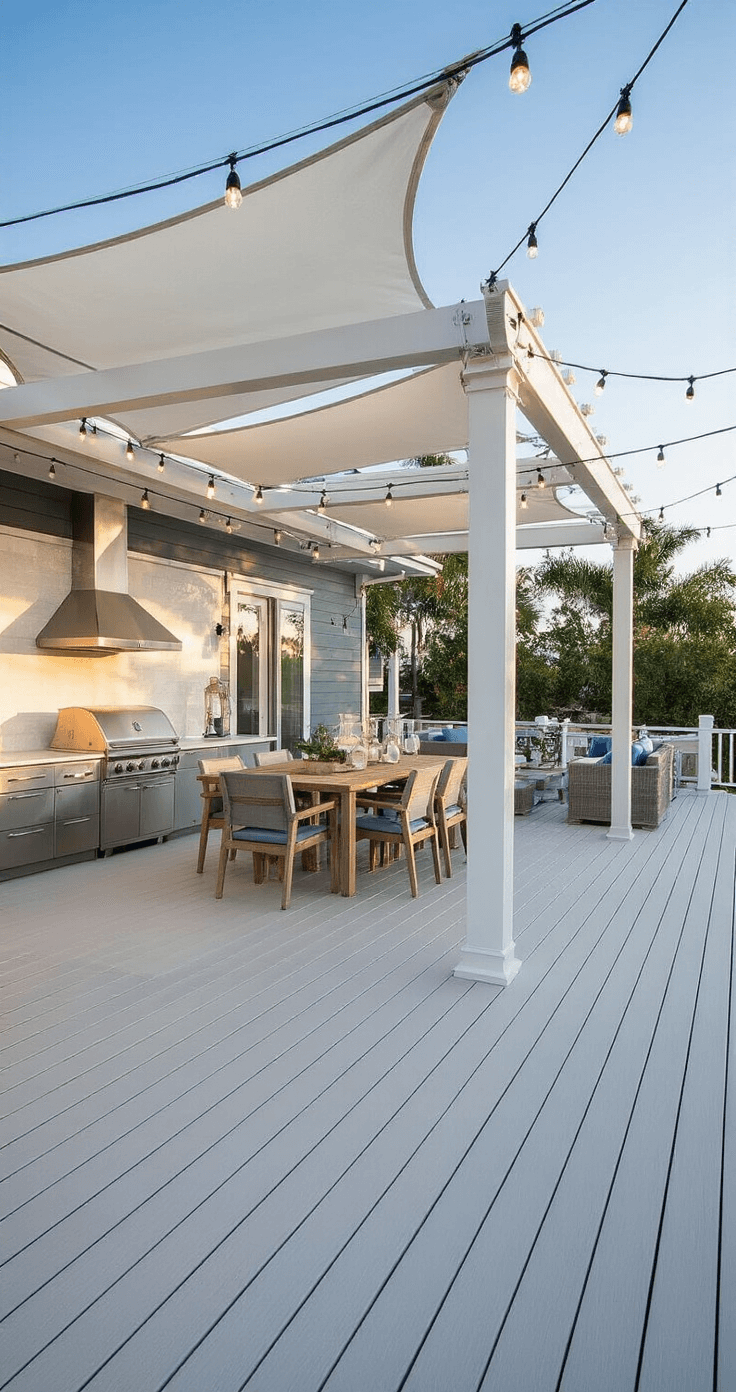 A luxurious resort-style elevated deck featuring a dramatic pergola with retractable white shade sails, a stainless steel outdoor kitchen, and a teak dining area, adorned with coastal-inspired décor and string lights, captured in warm afternoon light.