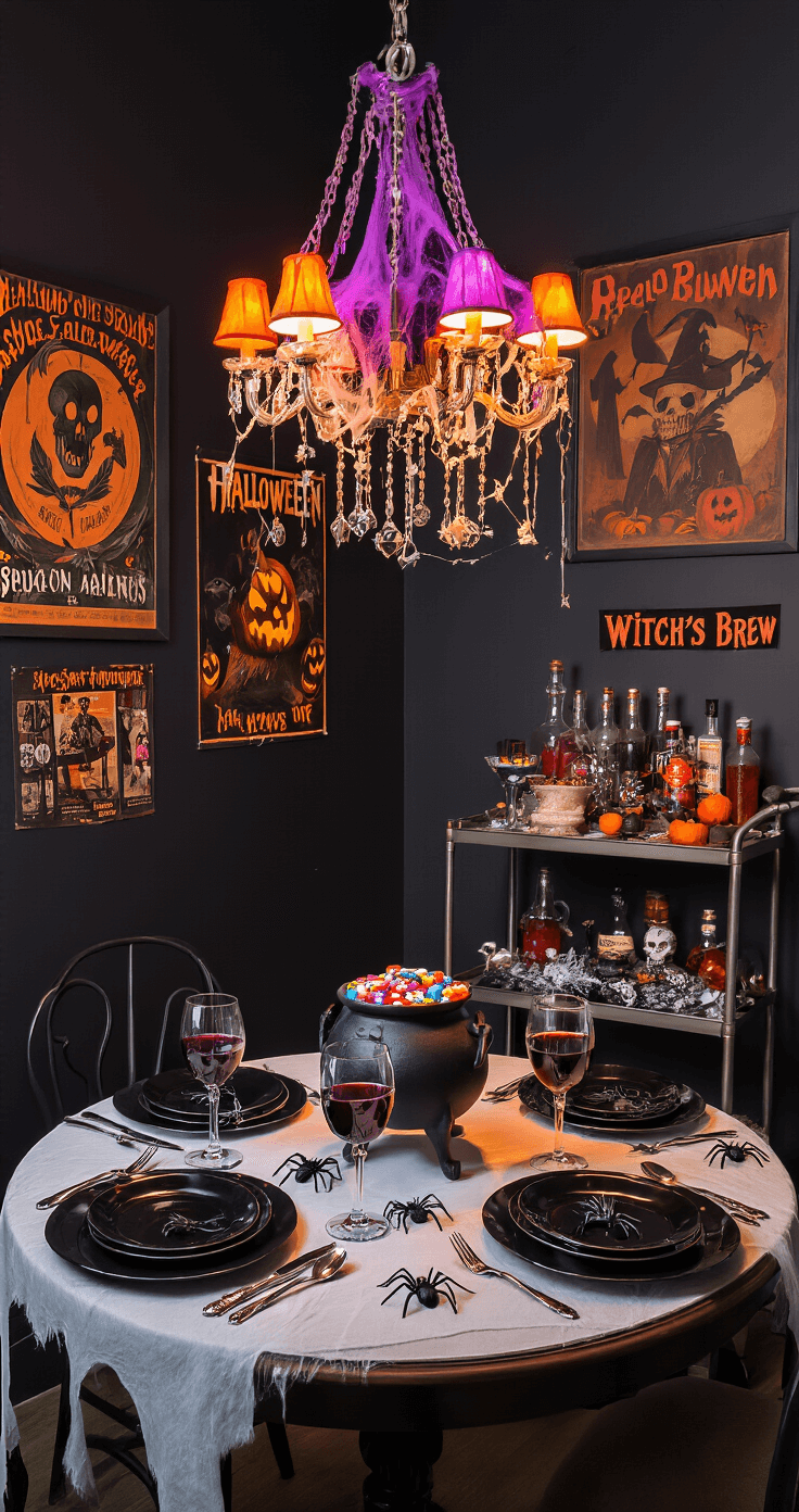An intimate midnight dining nook features a round table set for two with elegant black plates, silver cutlery, and crystal wine glasses filled with deep red liquid. A whimsical centerpiece of a cauldron overflowing with candy and adorned with fake spiders and cobwebs is highlighted under a chandelier with orange and purple lights, against deep charcoal walls decorated with vintage Halloween posters. A nearby bar cart displays spooky-themed cocktail ingredients.