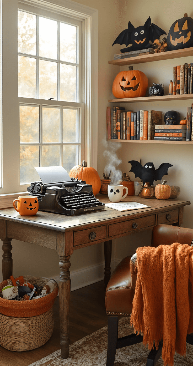 A cozy home office corner at dawn with large windows, featuring an antique wooden desk with a vintage typewriter and a handwritten love note, a steaming pumpkin spice latte in a ghost-shaped mug, and shelves filled with Halloween-themed books and decorations. A comfortable leather chair draped in an orange throw blanket and a woven basket of craft supplies complete the warm, autumnal scene.