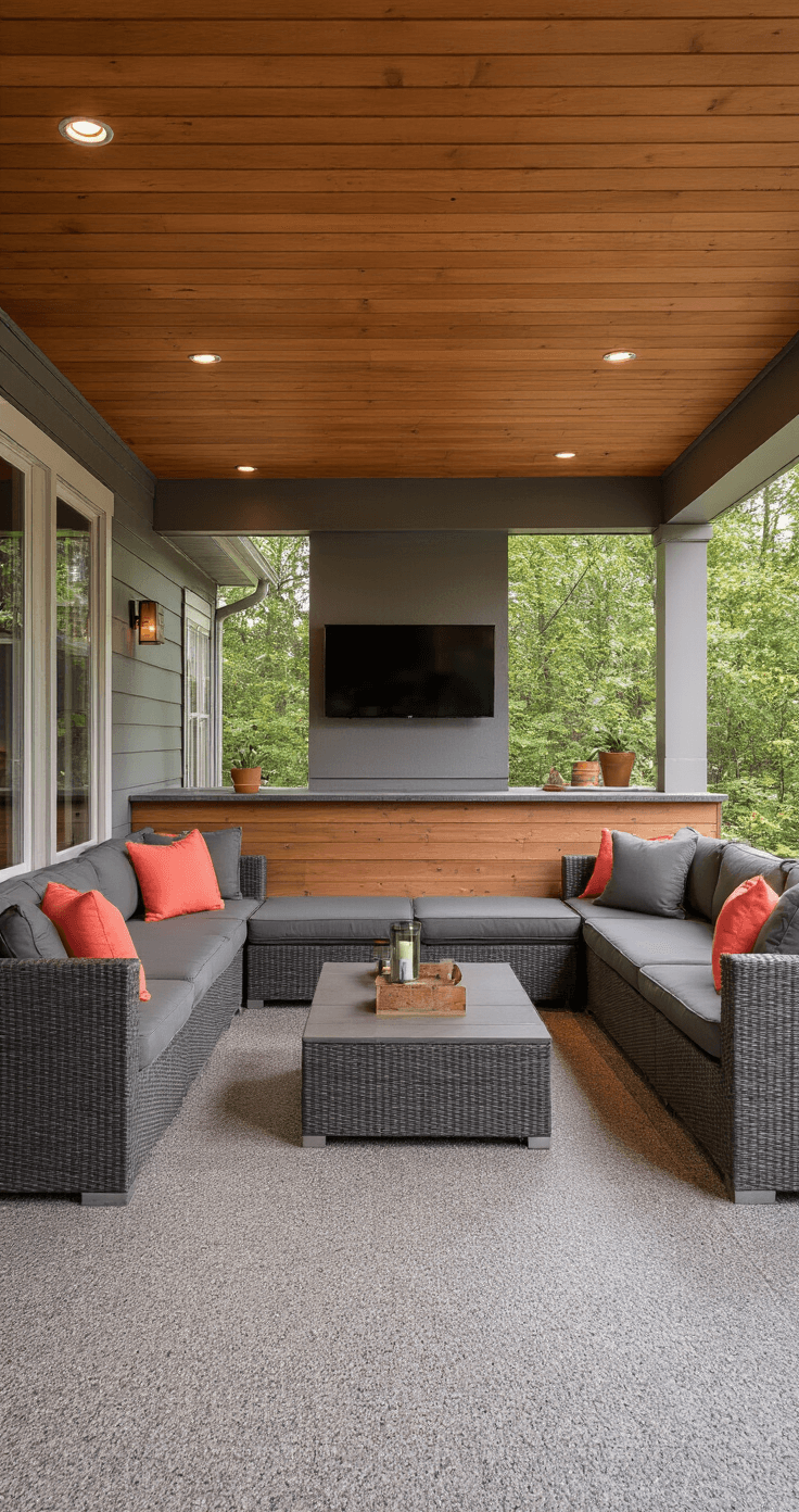 An inviting under-deck paradise featuring a spacious covered area with a stamped concrete floor and cedar plank ceiling, highlighted by soft morning light. A modern outdoor sectional in charcoal with coral accents forms a cozy conversation nook, alongside a mounted TV and bar area, all bringing warmth and depth to the design.