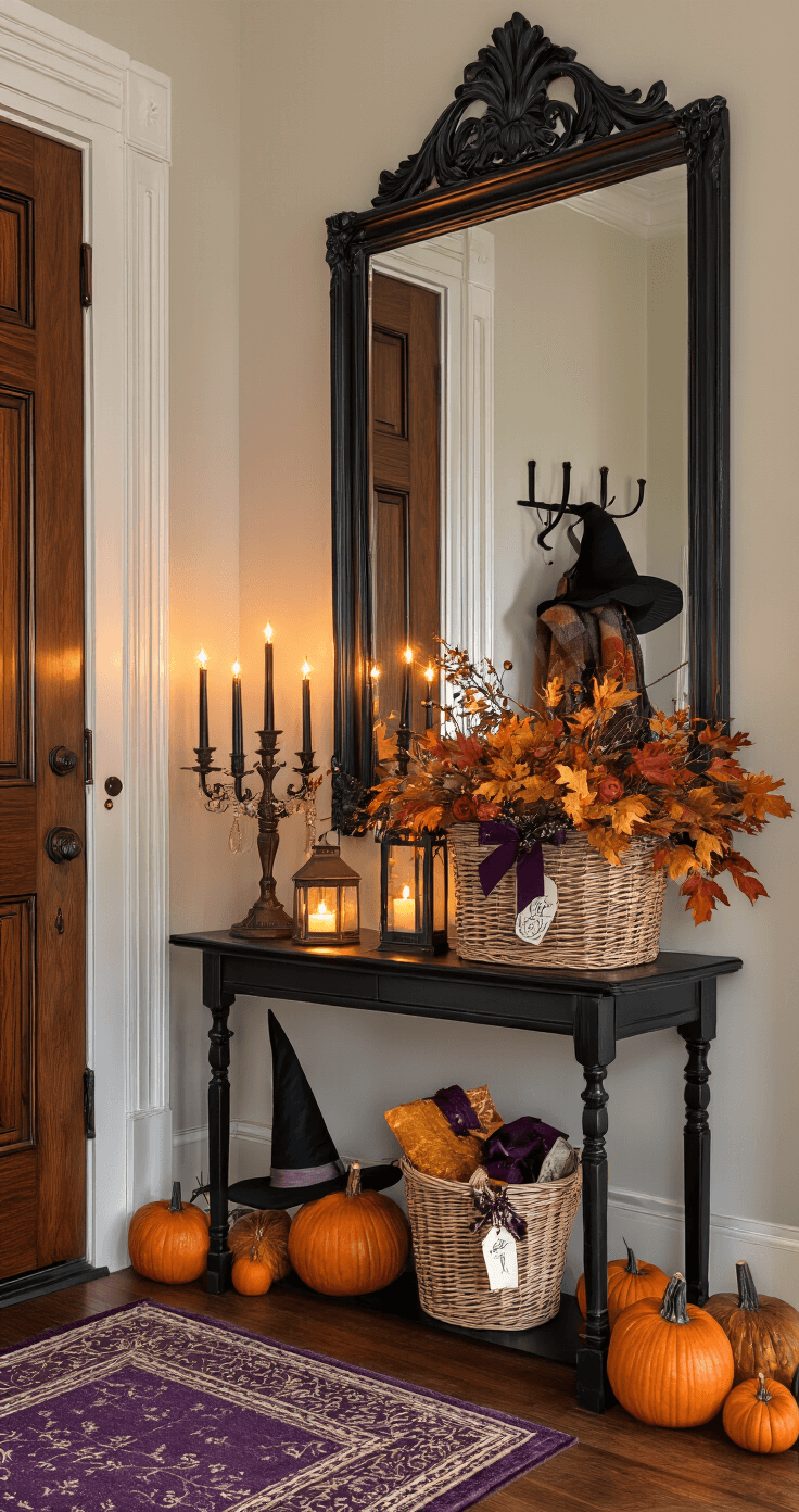 A festive entryway at sunset featuring a grand wooden door, an ornate black-framed mirror reflecting string lights and lanterns, an elegant console table with a boo basket adorned with a sparkly bow, candelabras with black candles, a vase of autumn leaves, a vintage coat rack with a witch's hat and scarf, and a runner rug in deep purples and oranges, with pumpkins along the baseboard.