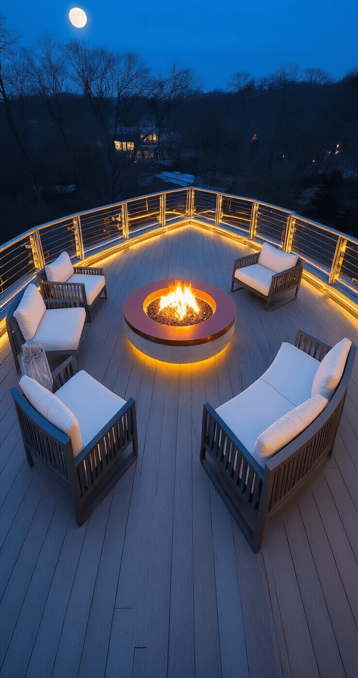 A nighttime scene of an elevated deck illuminated by glowing glass railings, featuring a circular seating area around a sunken fire pit with copper accents, surrounded by modern gunmetal grey furniture and ivory cushions, all captured from a low angle.