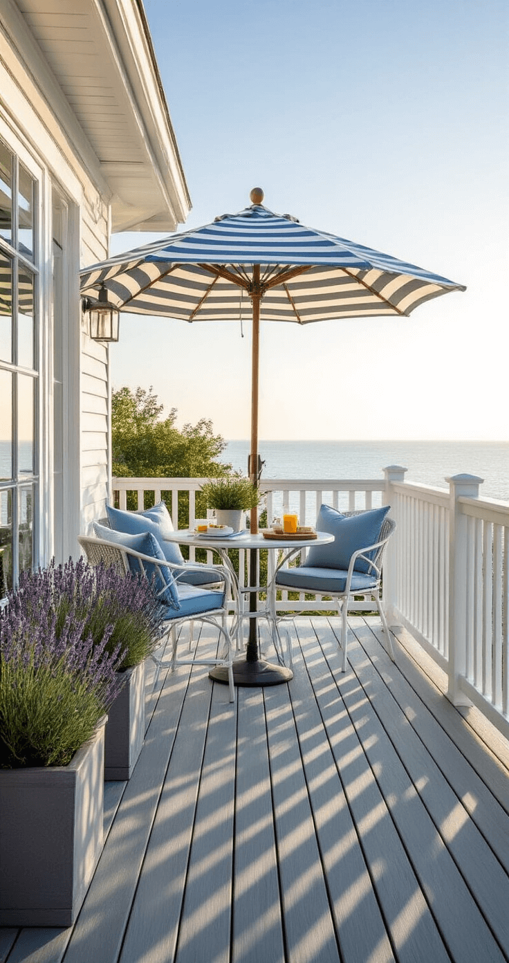 A cozy breakfast nook on a weathered grey deck with white railings, featuring a bistro set with sky blue cushions under a striped umbrella, surrounded by potted lavender and herbs, bathed in soft morning light.