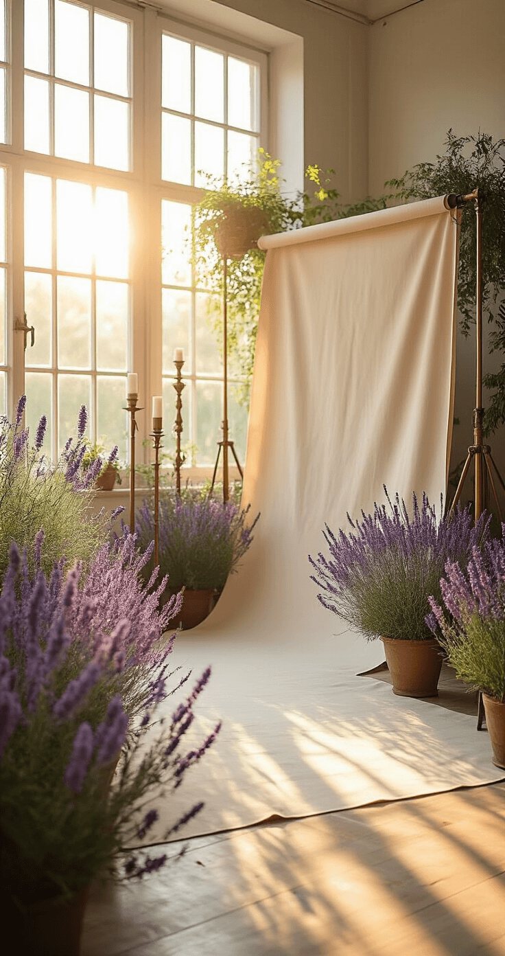 Bright garden photography studio setup with floor-to-ceiling windows and golden hour light illuminating vintage brass plant stands and a backdrop of Agastache and Russian Sage blooms in rich purple and silvery-blue, captured with a wide-angle lens at f/2.8 for detailed flower focus and soft bokeh.