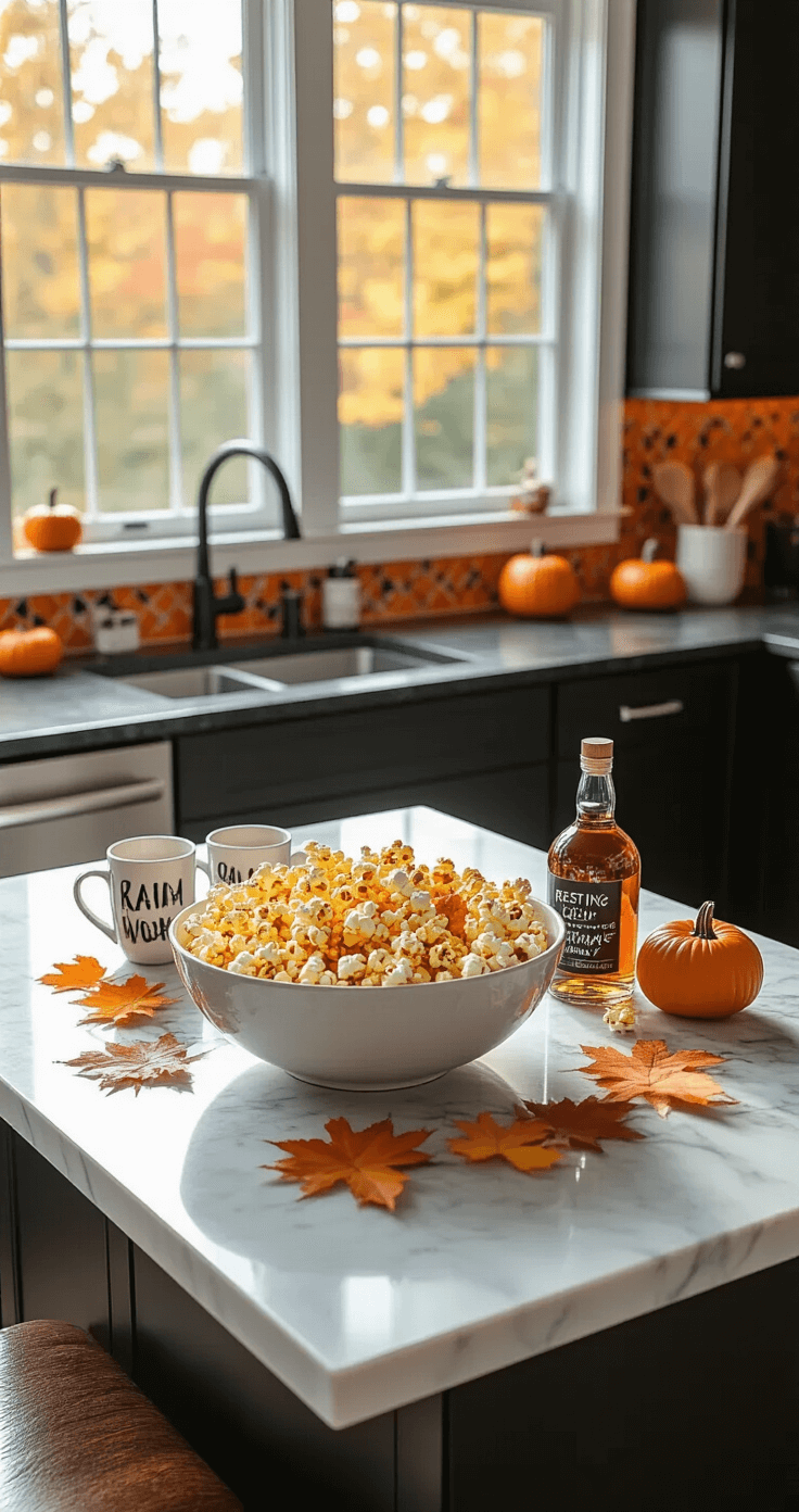 A bright, modern kitchen featuring black countertops and stainless steel appliances, with early morning light streaming through a bay window. A marble island showcases a large ceramic bowl overflowing with Halloween treats, surrounded by autumn leaves and miniature pumpkins. The backsplash has orange and black mosaic tiles, and 'Resting Witch Face' mugs hang nearby.