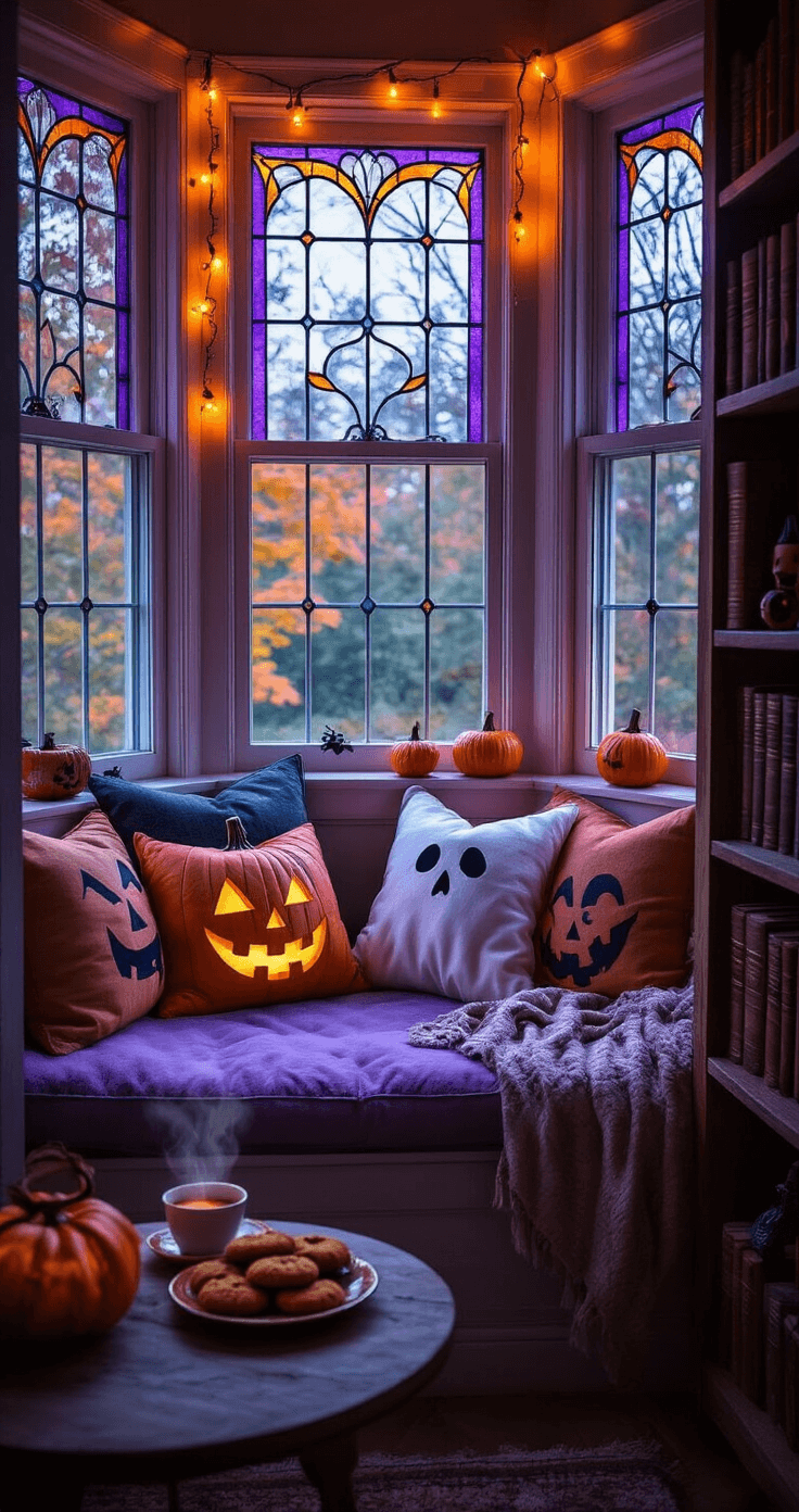 A cozy reading nook in a bay window at twilight, lit by purple stained glass and warm Jack-o'-lantern string lights. A plush window seat adorned with Halloween-themed pillows and a ghost-printed throw invites relaxation. Nearby, a wooden bookshelf displays leather-bound books and spooky decorations, while a small table holds a steaming cup of chai and pumpkin cookies, all enveloped in a magical, soft glow.