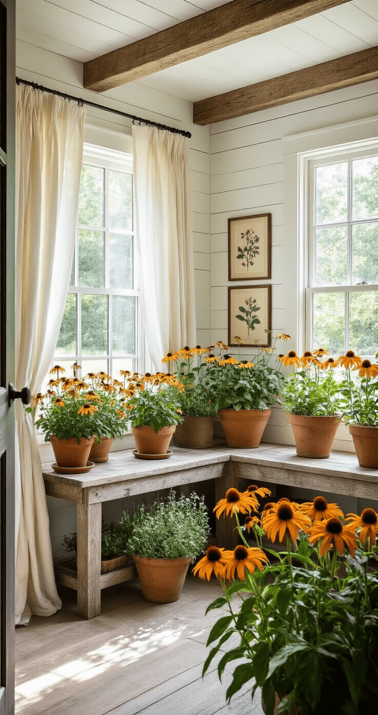 A bright and airy sunroom with white shiplap walls and exposed wooden beams, featuring a potting bench with Echinacea and Bee Balm in terracotta pots, vintage botanical prints on the walls, and soft light enhancing the floral textures.