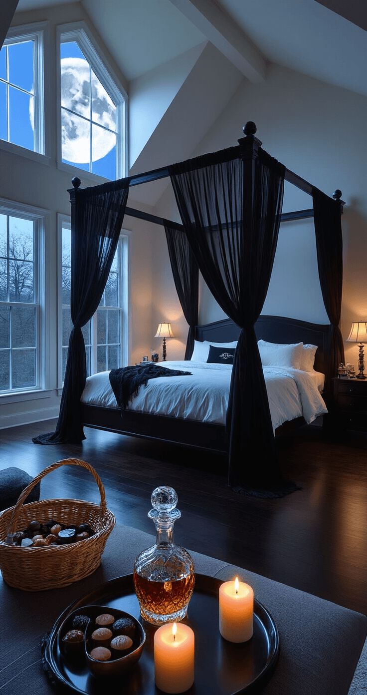 A spacious master bedroom with vaulted ceilings, dark hardwood floors, and moonlight streaming through floor-to-ceiling windows, featuring a four-poster bed with gauzy black curtains, a tray with luxurious items, flickering candles, and a full-length mirror, all bathed in cool, blue-toned lighting.