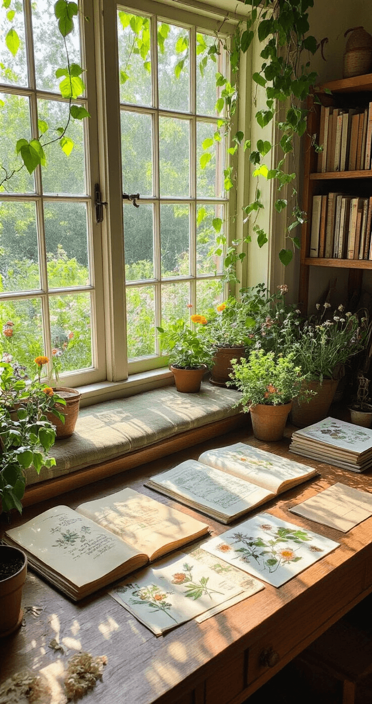 A cozy 10x12ft garden planning station featuring a built-in window seat overlooking perennial beds, with afternoon light creating dappled shadows. A vintage wooden desk is adorned with gardening journals, pressed flowers, and seed catalogs, captured from above to showcase the organized chaos of planning materials, illuminated by warm lighting that highlights the textures of paper and dried botanicals.