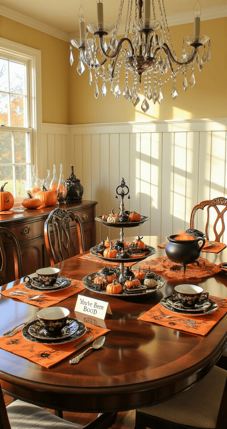 A vintage dining room with wainscoting and a crystal chandelier, featuring a polished mahogany table set for a Halloween tea party with elegant black and orange china, spooky treats on a tiered serving tray, and Halloween-themed linen napkins. A sideboard displays ornate potion bottles and a smoking cauldron-shaped candle, all bathed in warm, golden light.