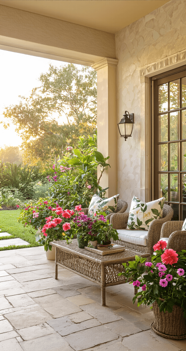A wide shot of a 14x20ft covered patio, featuring sliding glass doors and bathed in golden hour lighting. Potted hibiscus and phlox add vibrant color, while natural stone flooring leads to a garden path. Rattan furniture with botanical print cushions complements the outdoor ambiance, with cross-lighting highlighting architectural details and the seamless flow between indoor and outdoor spaces.