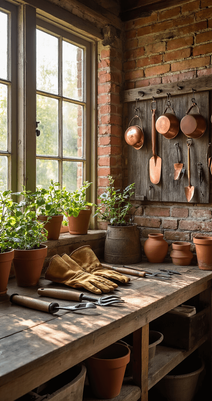 Interior of a potting shed with reclaimed brick walls, featuring a display of copper tools, worn leather gloves, and terra cotta pots on a weathered wood pegboard, illuminated by soft morning light filtering through vintage window panes, highlighting their rich textures and patina.
