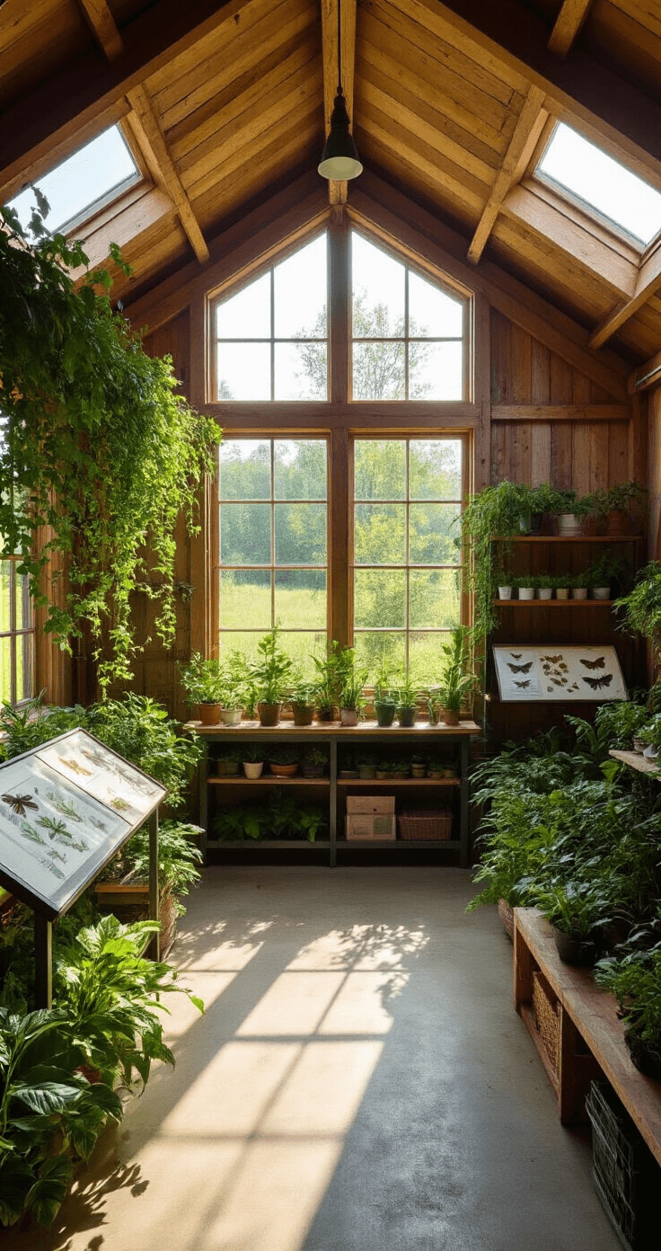 Eco-garden education space in a converted barn with high ceilings, featuring natural light from clerestory windows, educational displays of pressed pollinators and native plants, industrial metal shelving adorned with trailing vines, showcasing a blend of natural and artificial lighting.