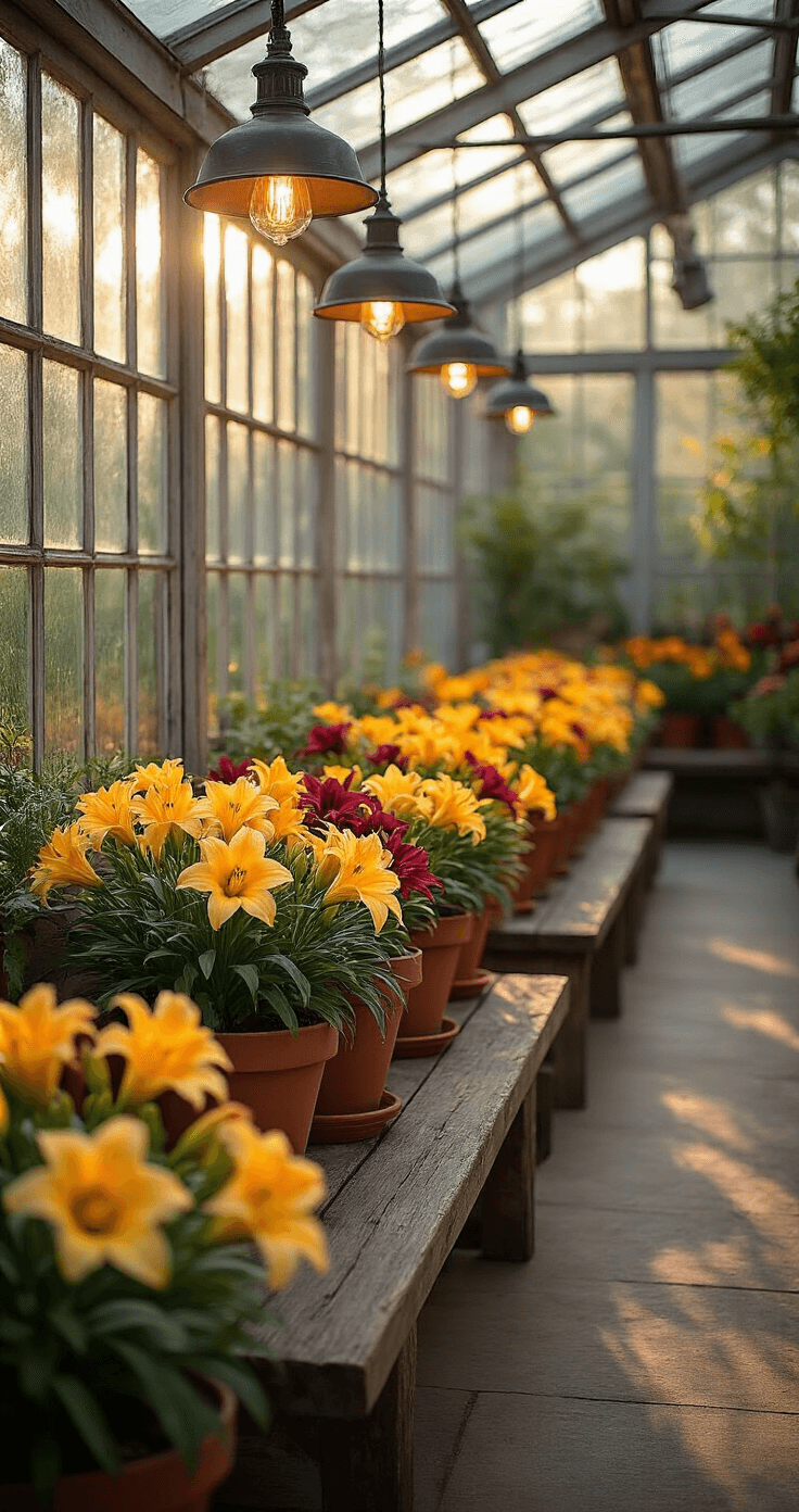 Hardy Perennials: Your Ultimate Guide to Low-Maintenance Garden Superstars A spacious greenhouse filled with blooming daylilies in terra cotta pots, illuminated by early morning light. Weathered wood benches and vintage gardening tools are arranged throughout, with industrial pendant lights overhead, creating a dreamy bokeh effect.