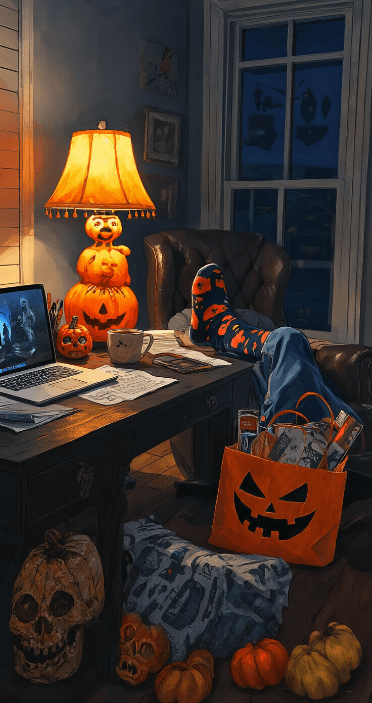 A cozy dimly lit home office at night featuring a cluttered dark wood desk, a boyfriend in monster-patterned socks lounging in a high-backed leather chair, sipping hot chocolate from a skull mug, with Halloween-themed decorations, popcorn, and an open board game amidst deep purples, blacks, and oranges.