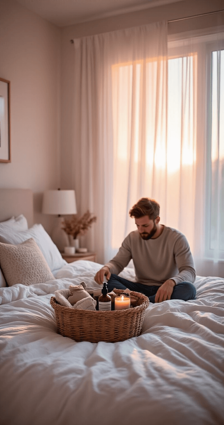 A serene bedroom at sunrise featuring a king-sized bed with rumpled white linens, a boyfriend in a soft fall pullover examining a boo basket of self-care items on the nightstand, surrounded by soft pink light, pale blues and grays, and a cozy reading nook with horror novels.