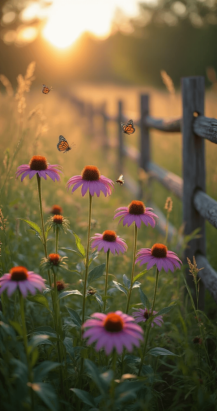 Hardy Perennials: Your Ultimate Guide to Low-Maintenance Garden Superstars A vibrant wild prairie garden at late afternoon, featuring towering purple coneflowers surrounded by native grasses, with butterflies and bees fluttering about. A weathered silvery gray split-rail fence frames the scene, complemented by a color palette of mauve, sage green, and warm earth tones.