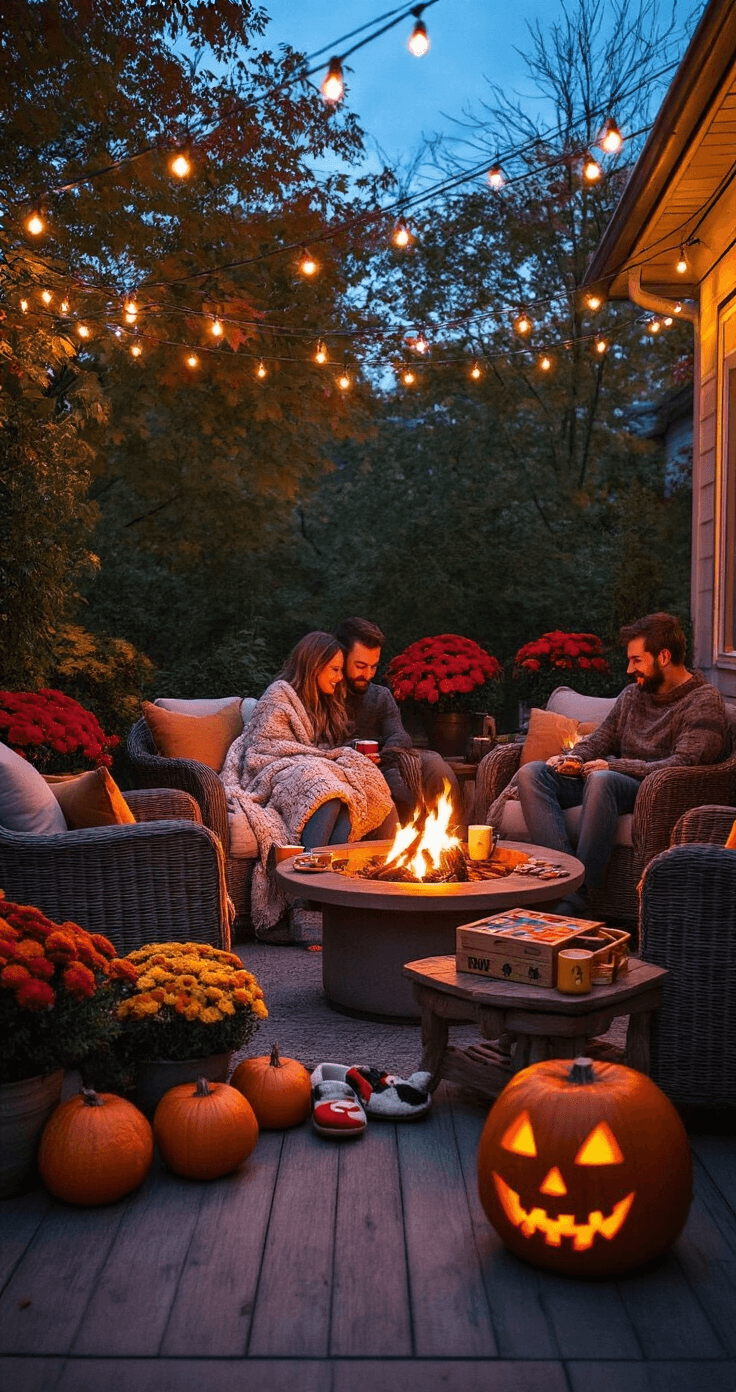An intimate outdoor patio scene at twilight with twinkling string lights, featuring a couple snuggled under a chunky knit blanket, surrounded by a fire pit, wicker furniture, and a boo basket of mini pumpkins and spiced cider, with vibrant autumn colors and carved jack-o'-lanterns adding to the cozy atmosphere.