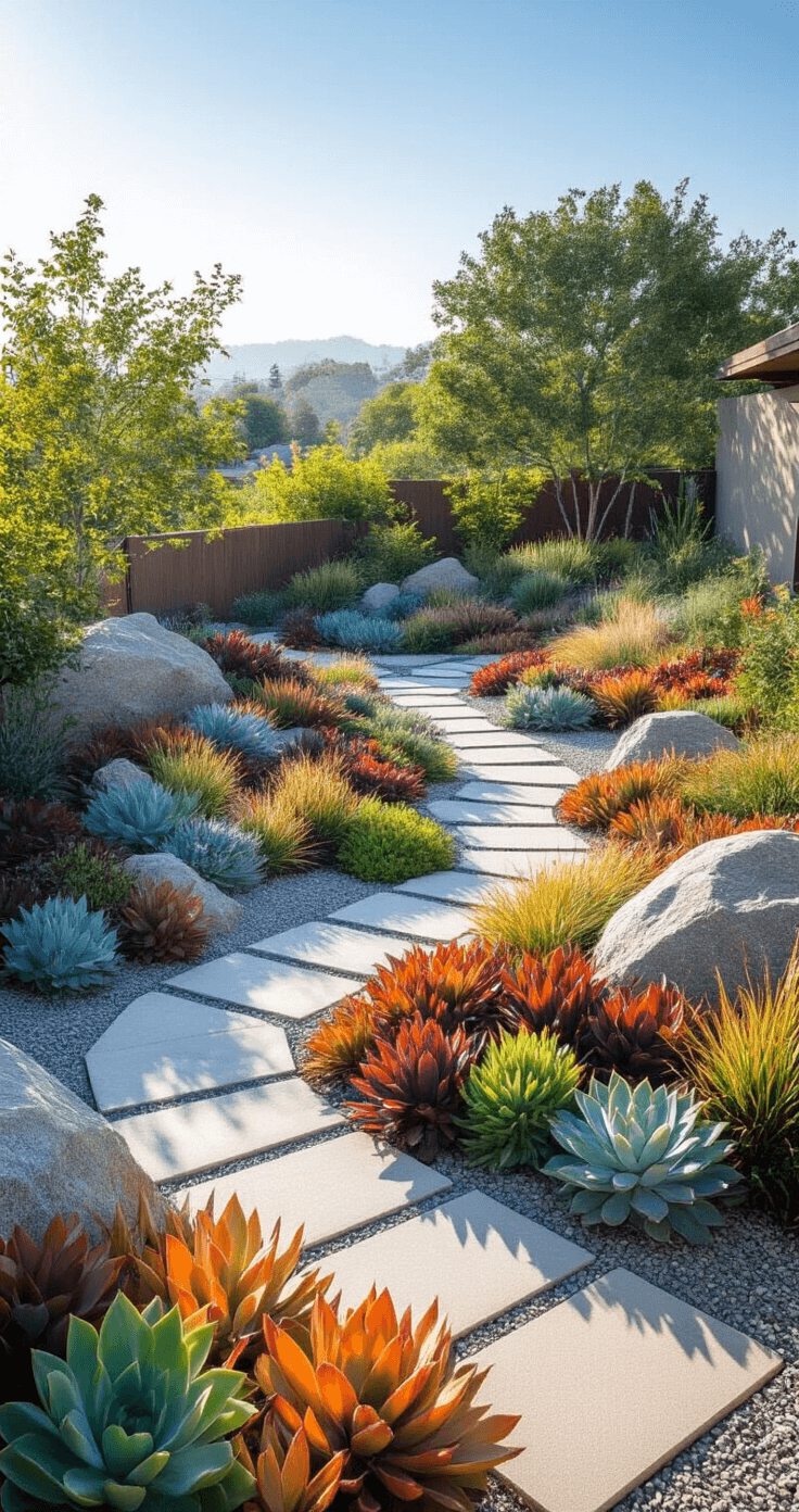 Hardy Perennials: Your Ultimate Guide to Low-Maintenance Garden Superstars Elevated view of a geometric succulent garden featuring granite boulders and cascading sedum varieties in copper, blue-green, and burgundy under harsh midday sun, with minimal concrete pathways contrasting organic plant shapes.