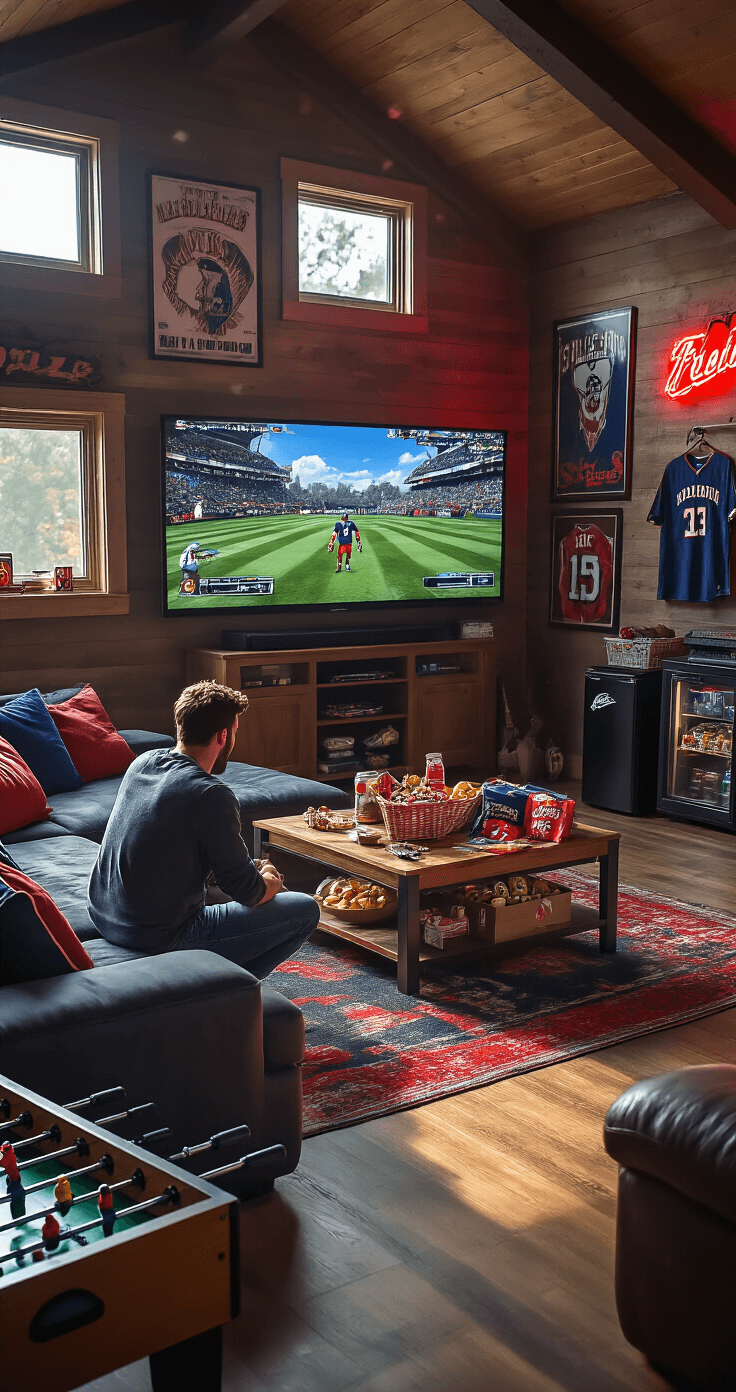 A playful man cave with high ceilings, sunlight streaming through small windows, featuring a kneeling boyfriend unpacking a sports-themed boo basket on a coffee table surrounded by team memorabilia, snacks, and a jersey. The room is decorated in navy and red with warm wood and leather accents, vintage sports posters, and neon signs, including a foosball table and mini-fridge. Wide-angle view from above highlights the boyfriend's joy amidst contrasting shadows and bright sunlight.