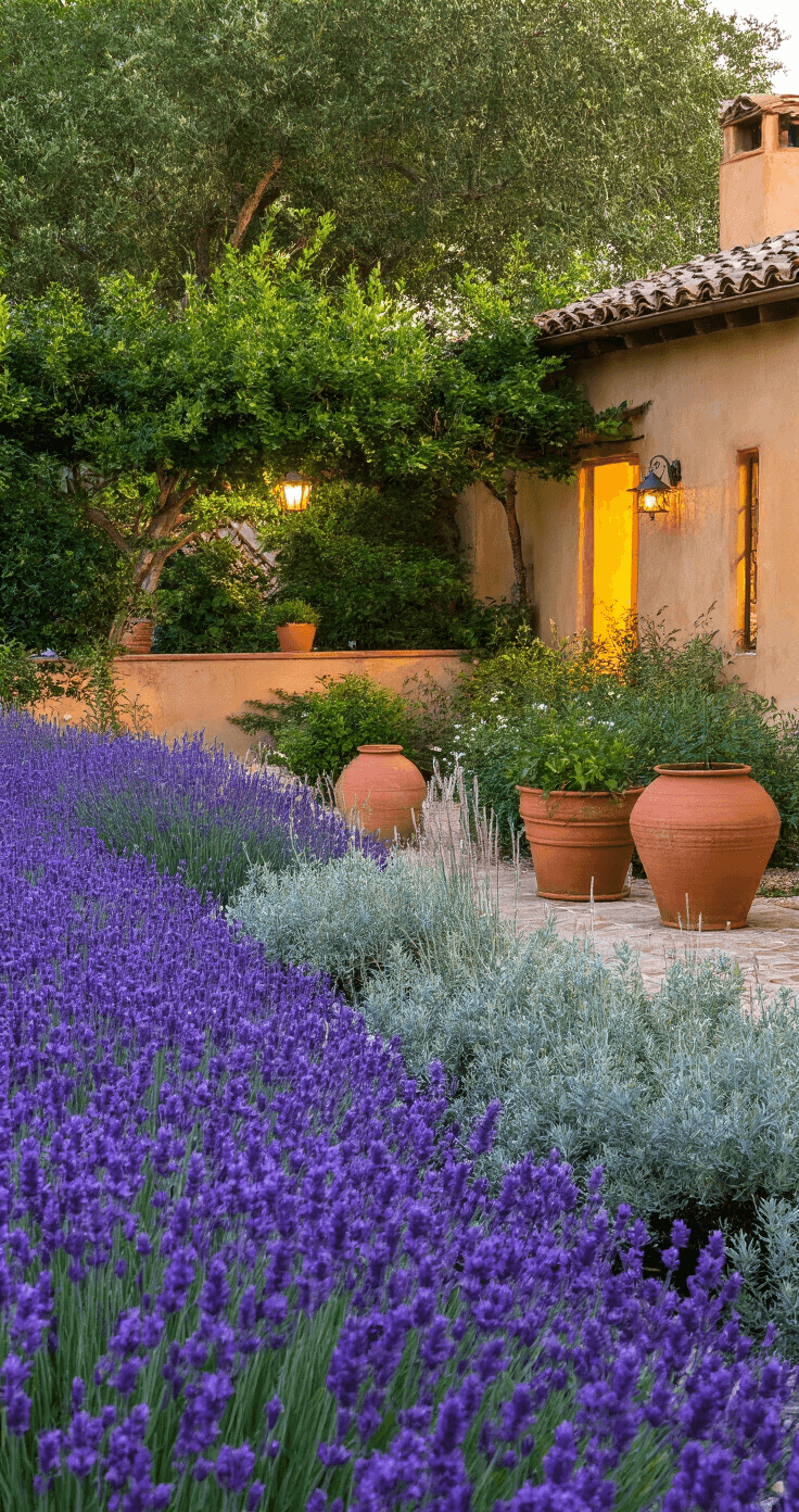 Hardy Perennials: Your Ultimate Guide to Low-Maintenance Garden Superstars Wide-angle view of a Mediterranean cottage garden featuring drought-tolerant plants, including Russian sage creating a purple haze, silver-leafed plants, terracotta pots, and weathered stone walls, all illuminated by warm evening light at golden hour.