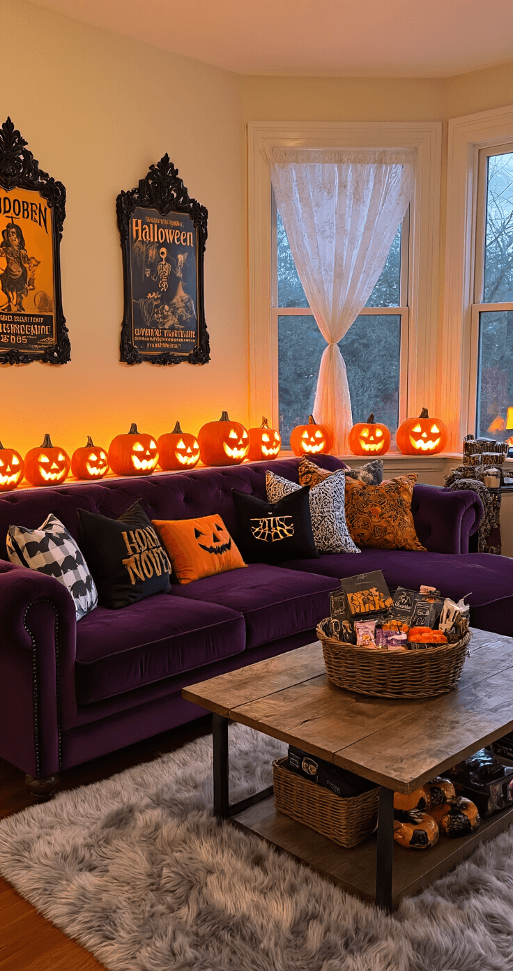 A cozy living room at dusk with warm orange light from pumpkin-shaped lanterns, featuring a dark purple velvet sofa, Halloween-themed throw pillows, a rustic coffee table with a boo basket, soft gray faux fur rugs, and vintage Halloween posters on cream walls.