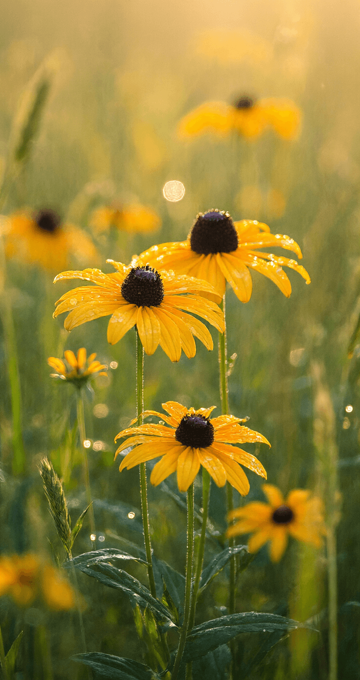 Hardy Perennials: Your Ultimate Guide to Low-Maintenance Garden Superstars Ground-level macro shot of black-eyed Susans in a wildflower meadow, with morning dew on petals and soft backlight creating glowing halos, while native grasses gently sway in the background.