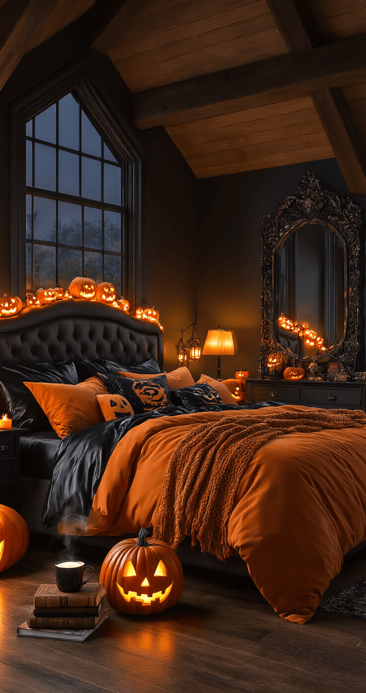 A cozy master bedroom at night, featuring a king-size bed with black satin sheets and an orange comforter, illuminated by jack-o'-lantern string lights. A nightstand holds a steaming mug of cocoa, a spooky novel, and a candle, while an ornate mirror reflects the warm lighting. The hardwood floor is partly covered by a spider web design rug, enhancing the Halloween theme.
