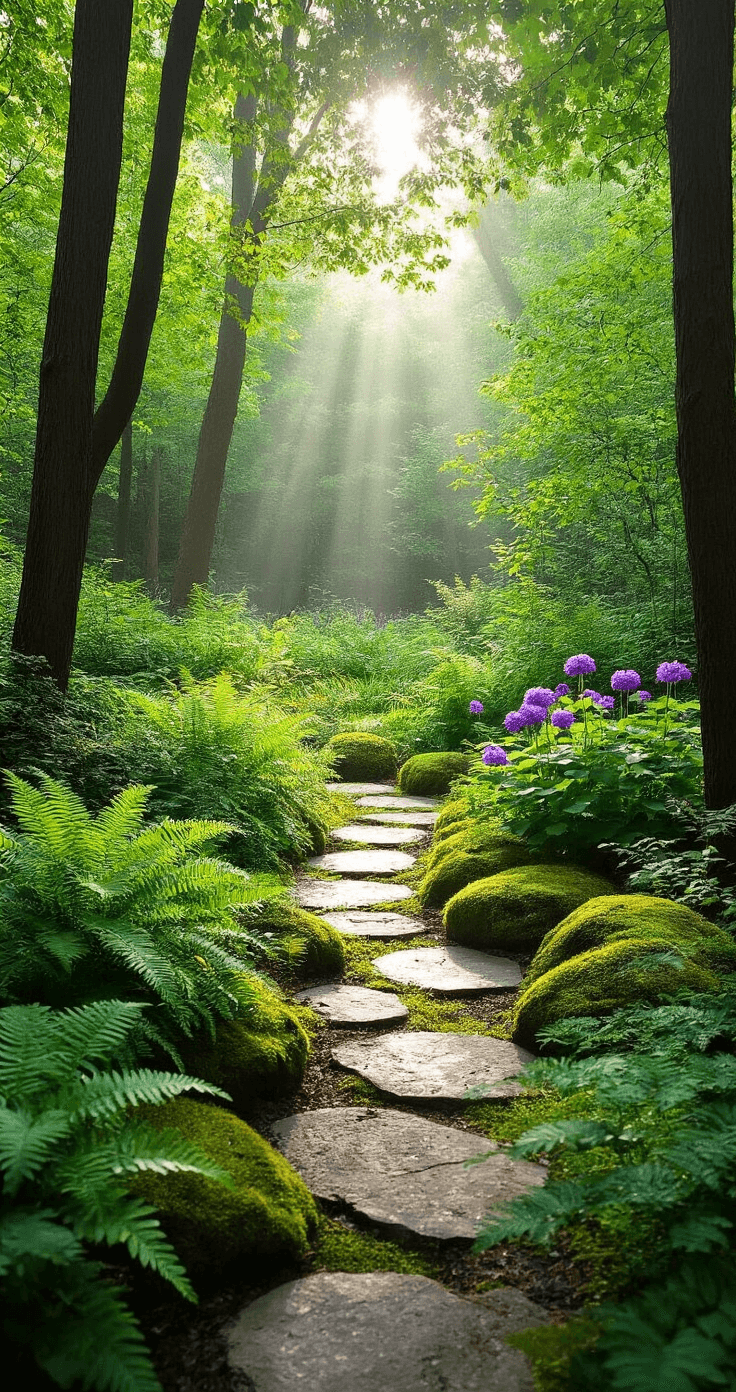 Hardy Perennials: Your Ultimate Guide to Low-Maintenance Garden Superstars A serene shade garden sanctuary with dappled morning light filtering through a tree canopy, showcasing ferns in the foreground, hardy geraniums in hues of purple, a stone pathway leading through the garden, and moss-covered logs adding texture, all in a cool green color palette.