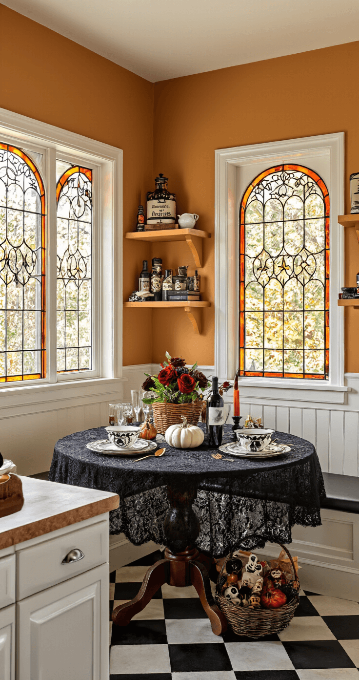 A cozy kitchen nook bathed in afternoon sunlight, featuring a round table adorned with a black lace tablecloth and Halloween-themed china, flanked by white pumpkins, dark red roses, and black candles. The warm butternut squash walls complement the black and white checkered floor, while a boo basket of gourmet treats and vintage decor add charm to the intimate setting.