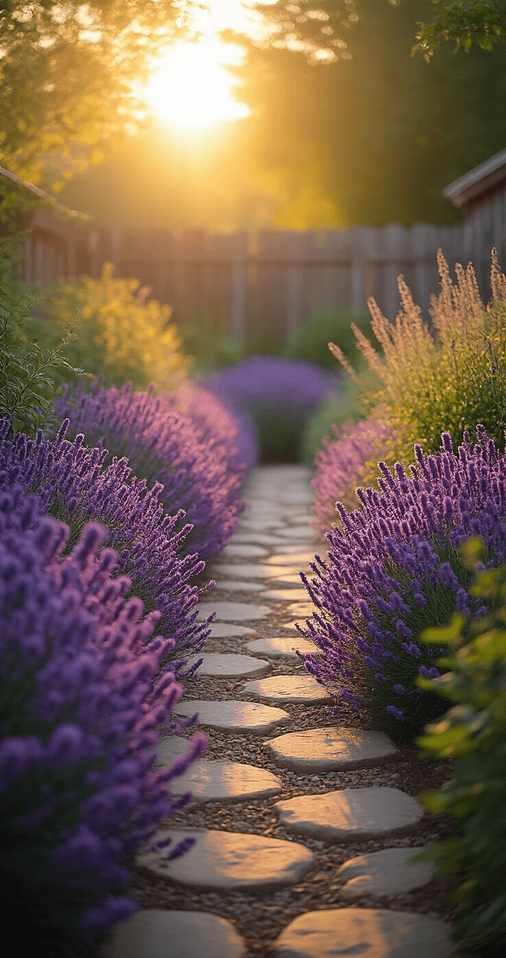 A wide-angle shot of a sun-drenched cottage garden at golden hour, featuring billowing purple Catmint in the foreground, towering Russian Sage in the middle ground backlit by warm sunlight, a natural stone pathway weaving through lush plantings, and a weathered wooden fence in the background, all captured from a low angle to emphasize the plant volume and textures.
