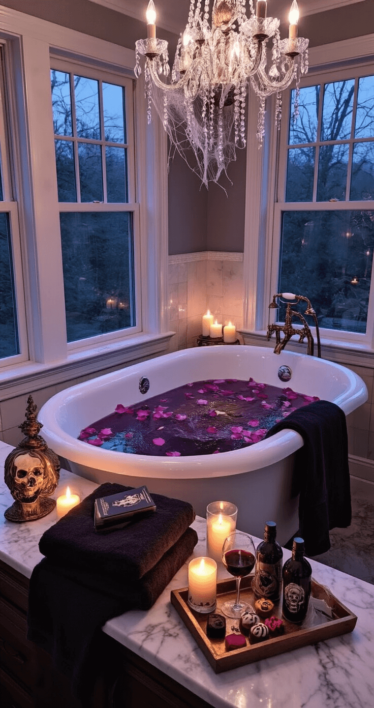 A luxurious bathroom at twilight featuring a clawfoot tub filled with dark purple water and rose petals, illuminated by soft purple LED candles, with a crystal chandelier, high ceilings, and an arched window showing a full moon outside.