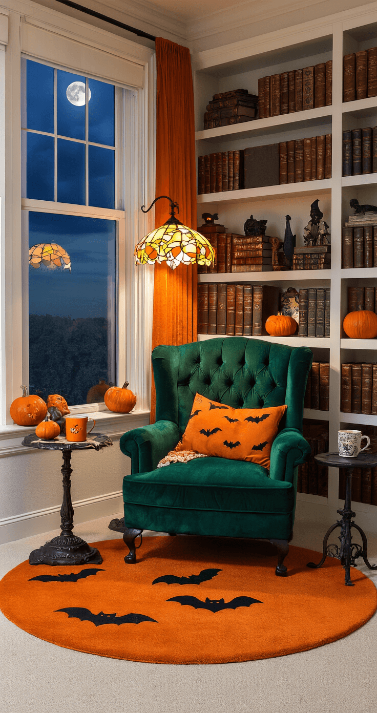 A cozy Halloween-themed reading nook featuring a deep emerald velvet armchair, floor-to-ceiling bookshelves filled with leather-bound books and spooky decorations, sheer orange curtains, a warm glowing vintage lamp, and a boo basket with books and plushies on a plush orange rug, all set in an inviting alcove as night falls.