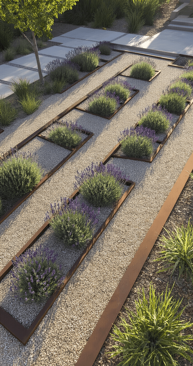 A high-angle view of a contemporary xeriscape garden at 8am, featuring a 15x15ft bed with geometric diagonal rows of architectural Russian Sage and Lavender, surrounded by desert-toned gravel mulch and modern cor-ten steel edging, all illuminated by cool morning light that enhances the silver and purple tones and casts crisp, geometric shadows.