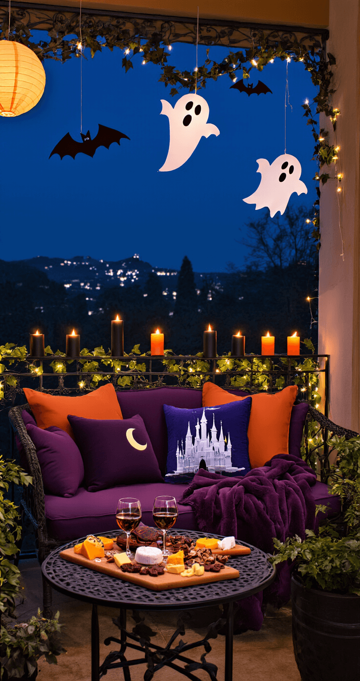 A romantic balcony at midnight featuring a cozy loveseat with Halloween-themed pillows and a soft blanket, illuminated by black and orange candles. A small bistro table holds deep red wine and a spooky charcuterie board, while paper lanterns shaped like ghosts and bats hang above. Delicate fairy lights and faux ivy adorn the wrought iron railing, with a twinkling city skyline in the background.