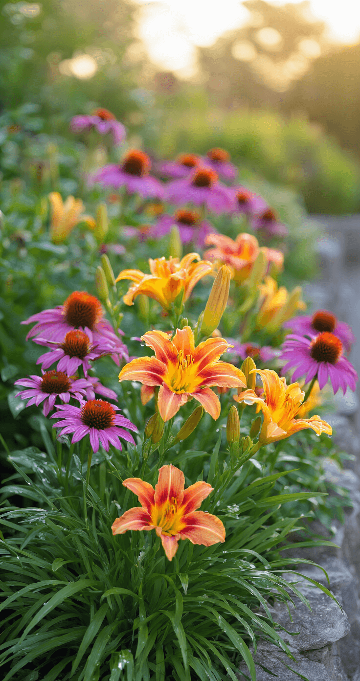 A close-up of reblooming daylilies in sunset colors of orange, yellow, and pink, surrounded by purple coneflowers, with water droplets glistening on the central clump. The background is softly blurred, showcasing layered plantings and a natural stone wall, under a diffused light that creates a romantic mood.