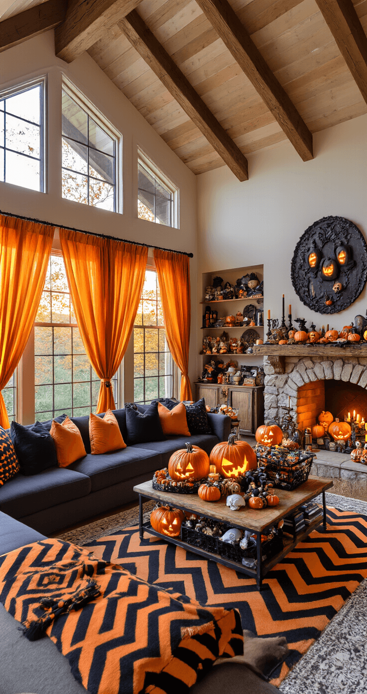 Cozy Halloween-themed living room featuring exposed wooden beams, a bay window with sheer orange curtains, a plush sectional sofa with a black and orange throw, a stone fireplace adorned with lit pumpkins and candles, an elaborate Boo Basket on the coffee table, and vintage decorations hanging from the ceiling, all bathed in warm golden hour light.