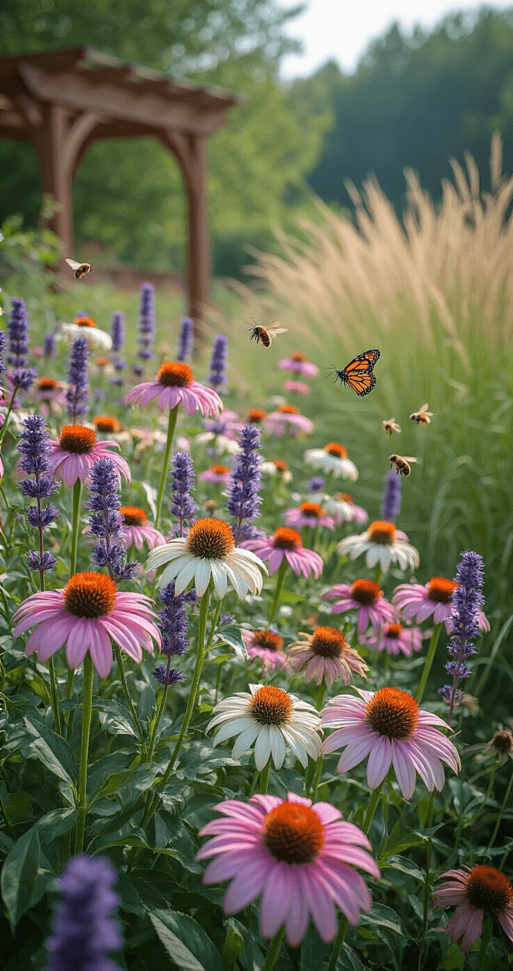 A vibrant midday pollinator garden featuring pink and white coneflowers and blue-purple Salvia spikes, with butterflies and bees in sharp focus. Native grasses sway gently in the background, and a cedar arbor frames the scene. The shot is taken from a slight elevation, highlighting the grouping of plants and showcasing macro details of the flower centers in bright, even lighting.