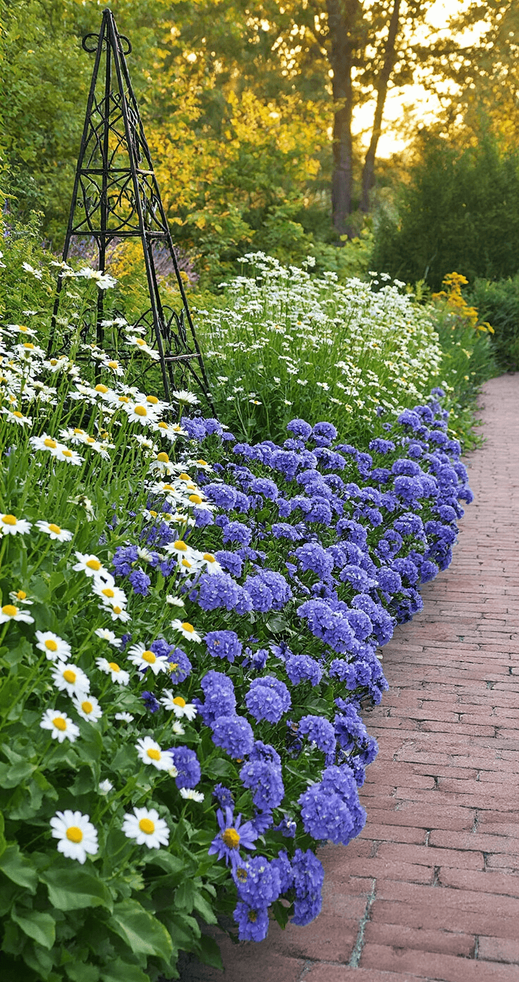 Early evening perennial garden with a cottage-style border featuring 'Rozanne' Geraniums in violet-blue blooms alongside Shasta Daisies, highlighted by a vintage iron obelisk and framed by a brick pathway, captured from a kneeling position in warm golden hour lighting.