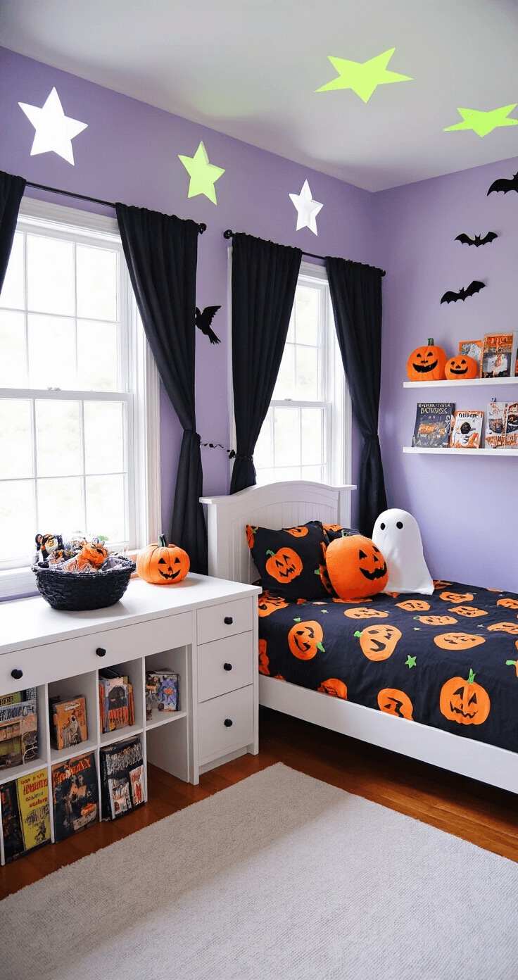 A whimsical Halloween-themed child's bedroom with purple walls, a twin bed with pumpkin-print sheets, a black cat basket filled with goodies on a white desk, glow-in-the-dark stars and bats on the ceiling, and a bookshelf with spooky storybooks, viewed from the doorway.