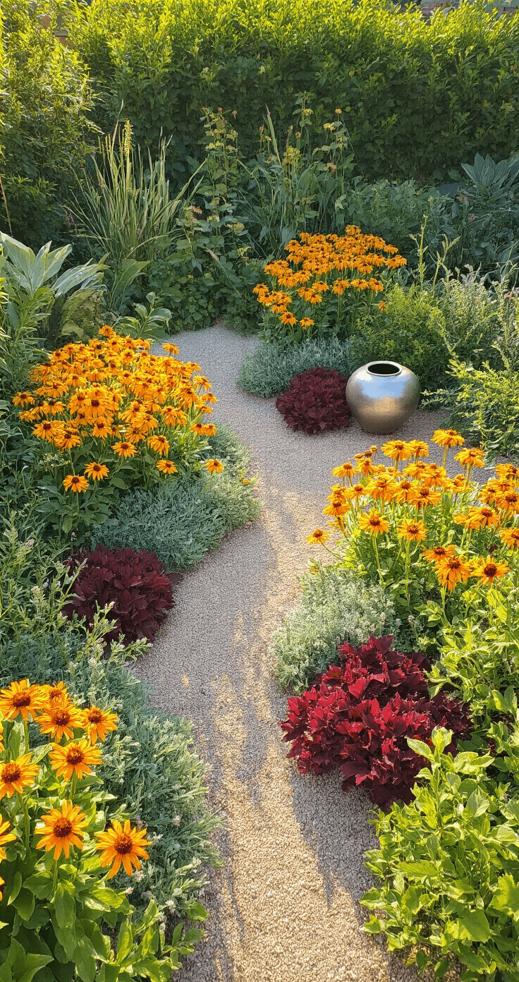 Bird's eye view of a 12x12ft drought-tolerant garden at 9am, featuring warm-toned Blanket Flowers and burgundy Sedum amidst gravel, with Southwest pottery accents, silver-leaved plants for contrast, and decomposed granite paths, all illuminated by clear morning light.