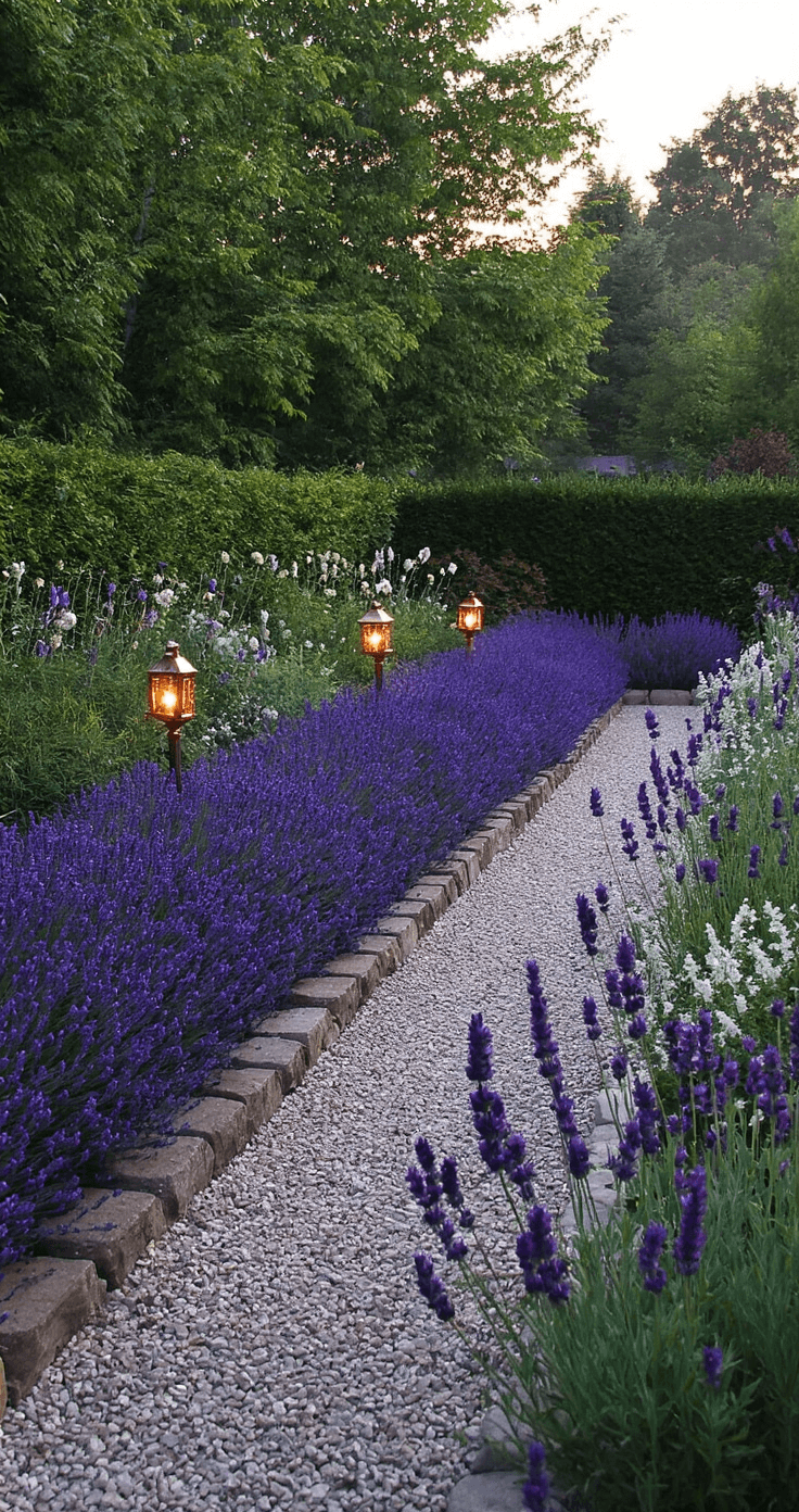 A twilight herb garden features a formal 6x8ft bed with rows of lavender and vertical spires of purple and white Salvia, bordered by gravel paths and stone edging. Copper lanterns provide ambient lighting in the low evening light, creating a mysterious mood, with soft focus edges framing the central plantings.