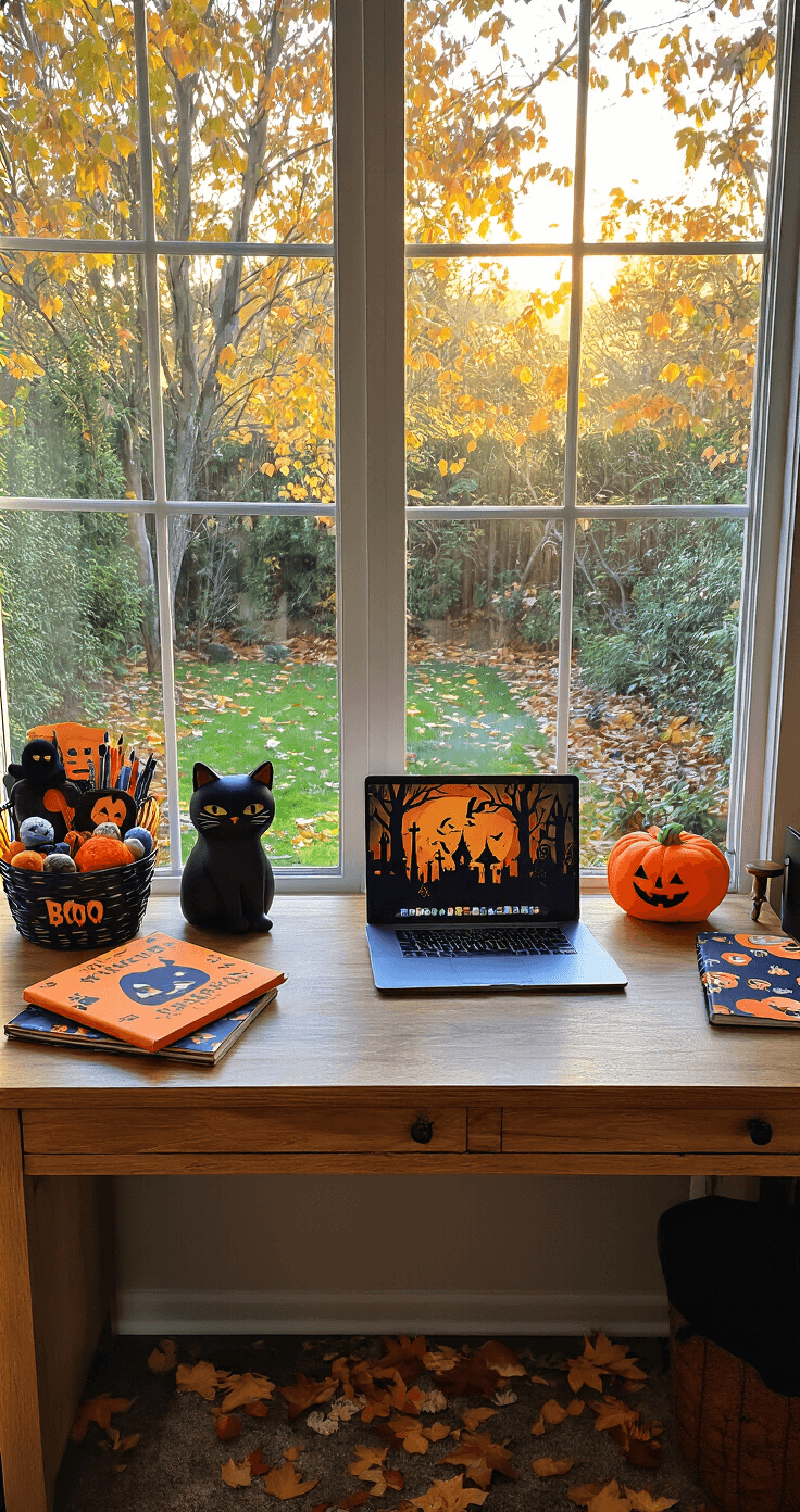 A cozy Halloween-themed home office desk featuring a black cat-shaped pen holder, spooky screensaver on a laptop, and a Boo Basket filled with themed snacks and stress balls, all against a backdrop of autumn foliage.