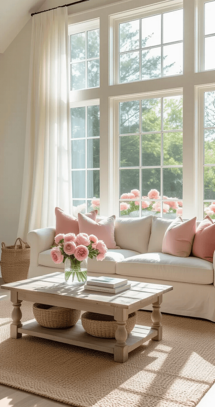 A bright modern farmhouse living room featuring a cream linen sofa with pink and coral pillows, a weathered oak coffee table with peonies in a crystal vase, and sheer white curtains, all illuminated by morning light streaming through floor-to-ceiling windows overlooking a peony garden.