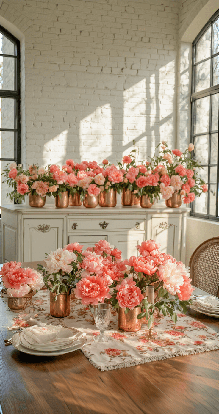 An elegant dining room featuring a whitewashed brick wall, vintage sideboard with Coral Charm peonies in copper and brass vessels, and a formal dining table adorned with a dramatic runner of cascading peonies, illuminated by warm golden hour light streaming through iron-framed windows.