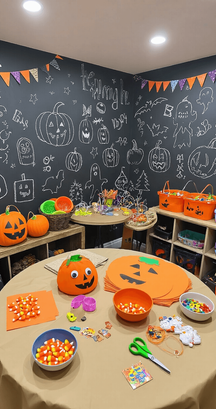 A colorful children's craft corner in a finished basement, set up for DIY Boo Basket creation with Halloween-themed doodles on chalkboard walls, a round table covered in kraft paper, and various craft supplies like orange construction paper, googly eyes, and pipe cleaners, surrounded by candy corn and gummy ghosts, all on a polka dot rug.