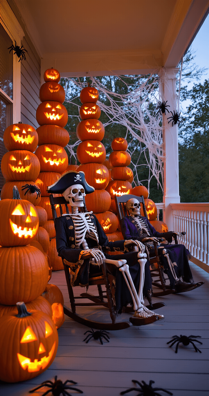 A spacious front porch at dusk, illuminated by warm orange light from carved jack-o'-lanterns, featuring asymmetrical towers of pumpkins, a 7 ft skeleton in a pirate costume lounging in a vintage rocking chair, and thick white rope forming a spiderweb with oversized black spiders, all captured in soft focus for a playful yet eerie atmosphere.